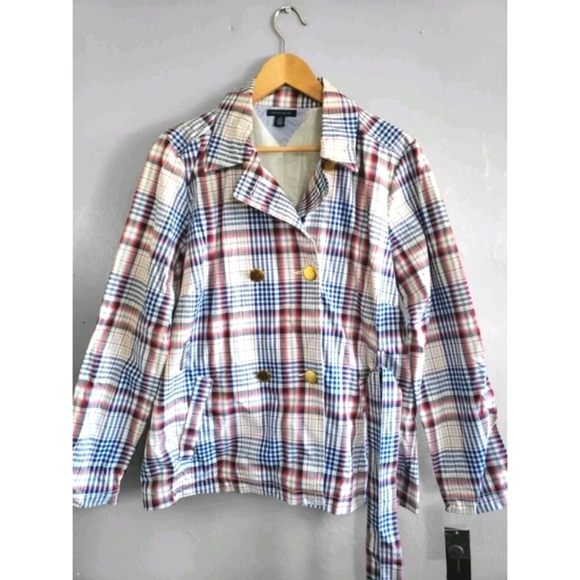Tommy Hilfiger Rain Coat  Womens Large Blue Plaid Double Breast Gold Buttons NWT - Picture 1 of 10
